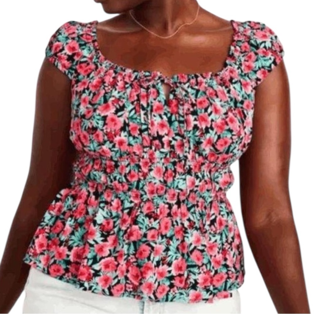 NWT Old Navy Floral Peplum Peasant Blouse 2X Cottagecore Cap Sleeve Tie Neck Top